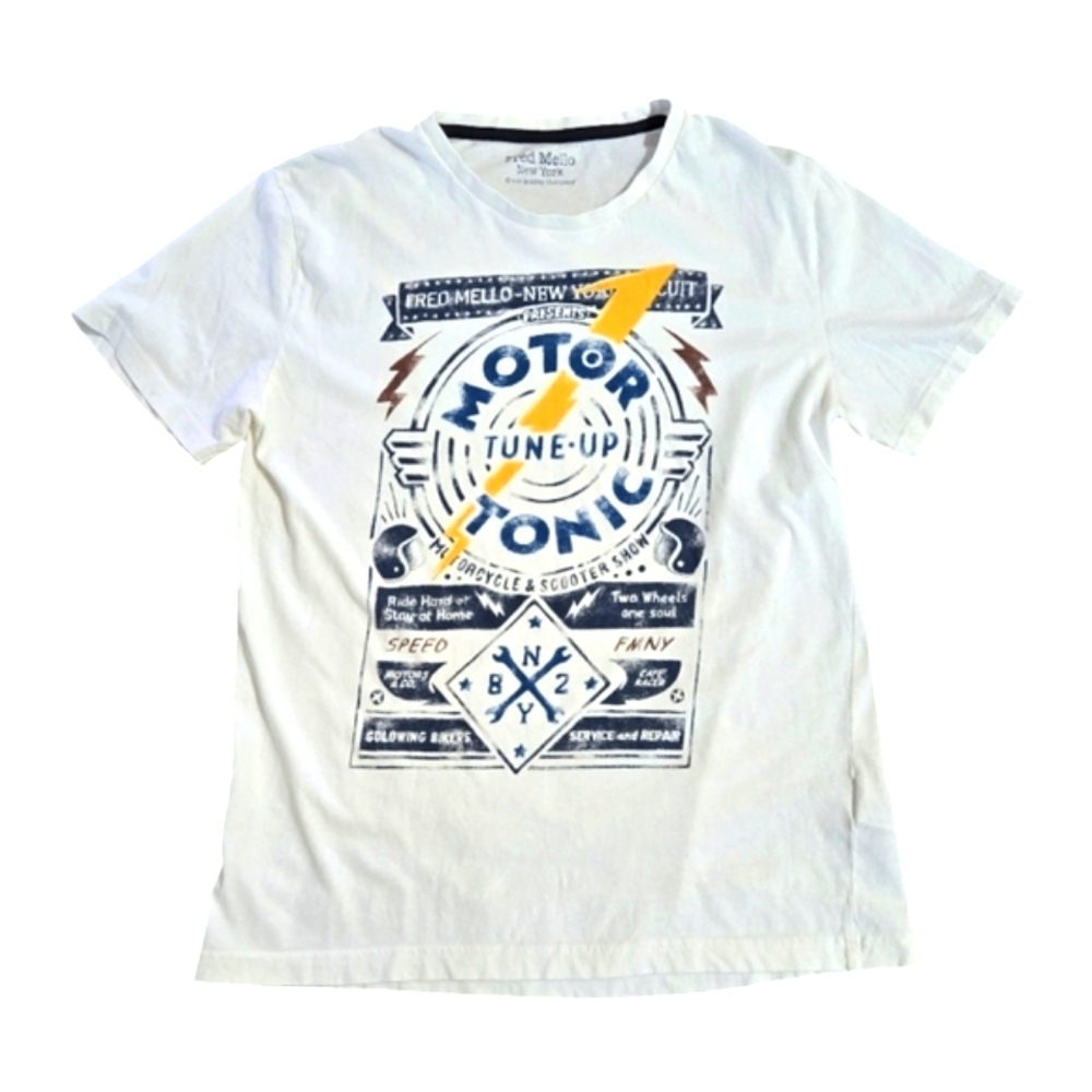 Fred Mello White Crew Neck T-shirt Men’s Motor Tonic Size XL